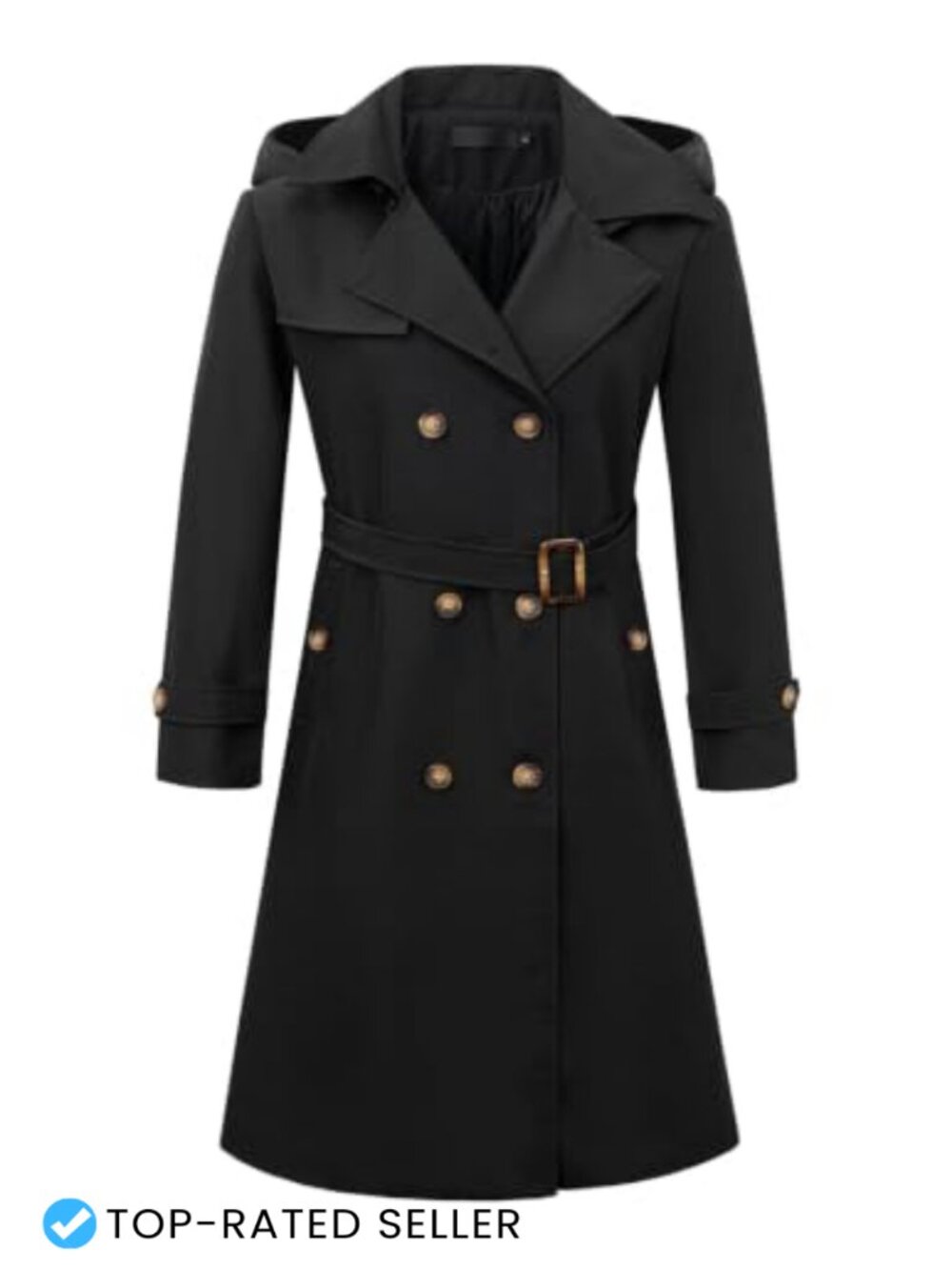 Women's Long Double Breasted Trench Coat with Detachable Hood Belted